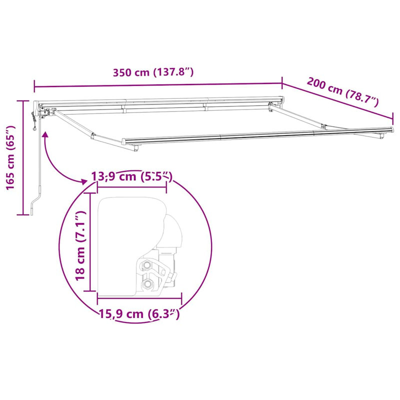 Retractable Awning, 350cm H x 200cm W, White
