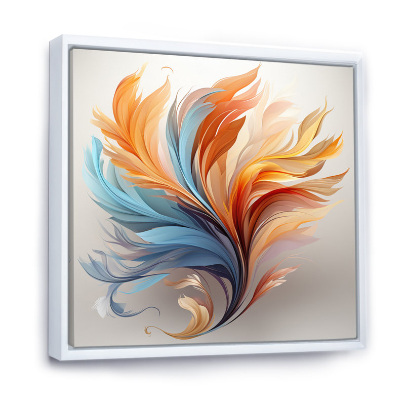Fractale, plume bohémienne orange et turquoise - art mural plumes, H 24 po x l 24 po x P 1 po, Cadre flottant blanc