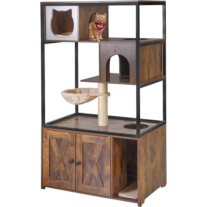 Brown Wooden 3-Story Cat Condo with Sisal Scratching Post