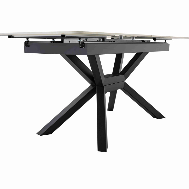 Modern Extendable Dining Table With Sintered Stone Tabletop And Geometric X-Frame Metal Spray-Painted Base, Rectangular Kitchen Table (1 Table)