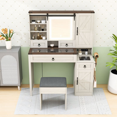 Vanity Desk with Sliding LED Mirror, Charging Station, 4 Drawers and 2 Cabinets