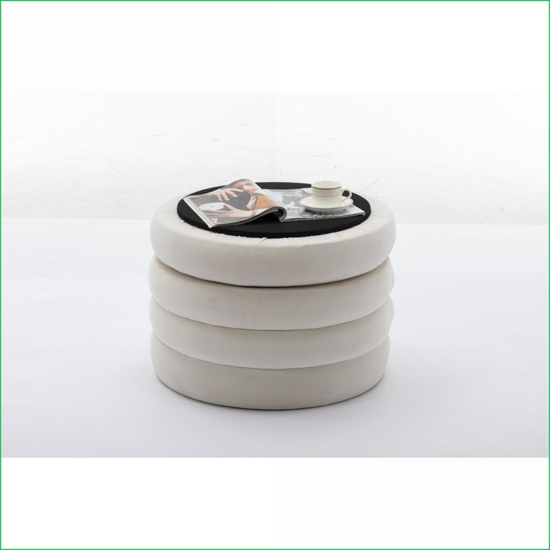 Ottoman Round Storage Footstool with Wooden Shelving | Bedroom Makeup Stool | Ivory Velvet, White Velvet