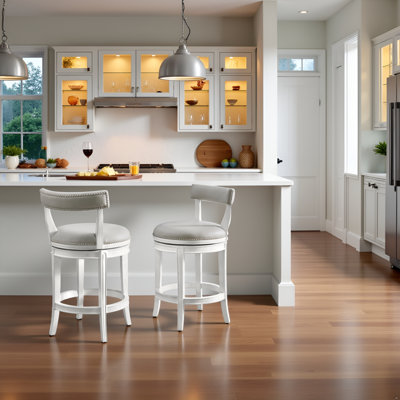 Hanover Swivel Bar Height Stool, White and Gray, 30-Inch Seat Height, Solid Rubberwood Frame with Faux Leather Upholstery, Nailhead Trim, Memory Return Swivel, Ideal for Kitchen, Dining Area, Set of 2