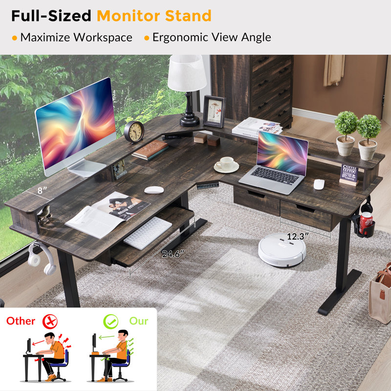 60" x 60" L-shaped Electric Standing Desk with Power Outlets & 2 Drawers, Dark Rustic Oak/Black