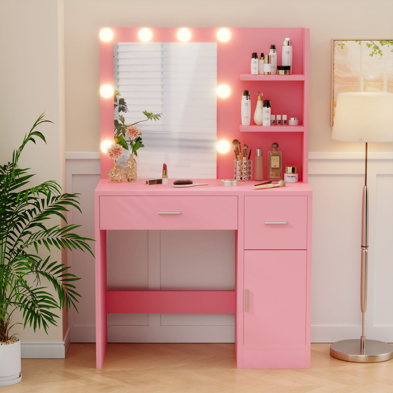 Bureau de maquillage avec lumière et miroir, Rose
