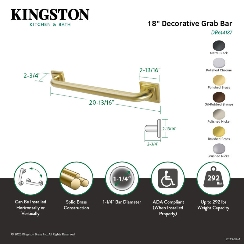 Kingston Brass Claremont 1-1/4 Inch O.D Grab Bar, 18" W, Polished Brass