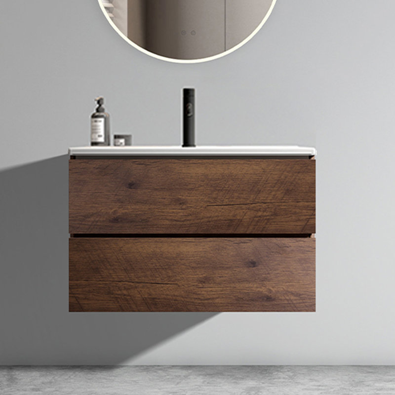 Meuble-lavabo mural 30 po avec lavabo en céramique, grand rangement, pré-assemblé, Noyer