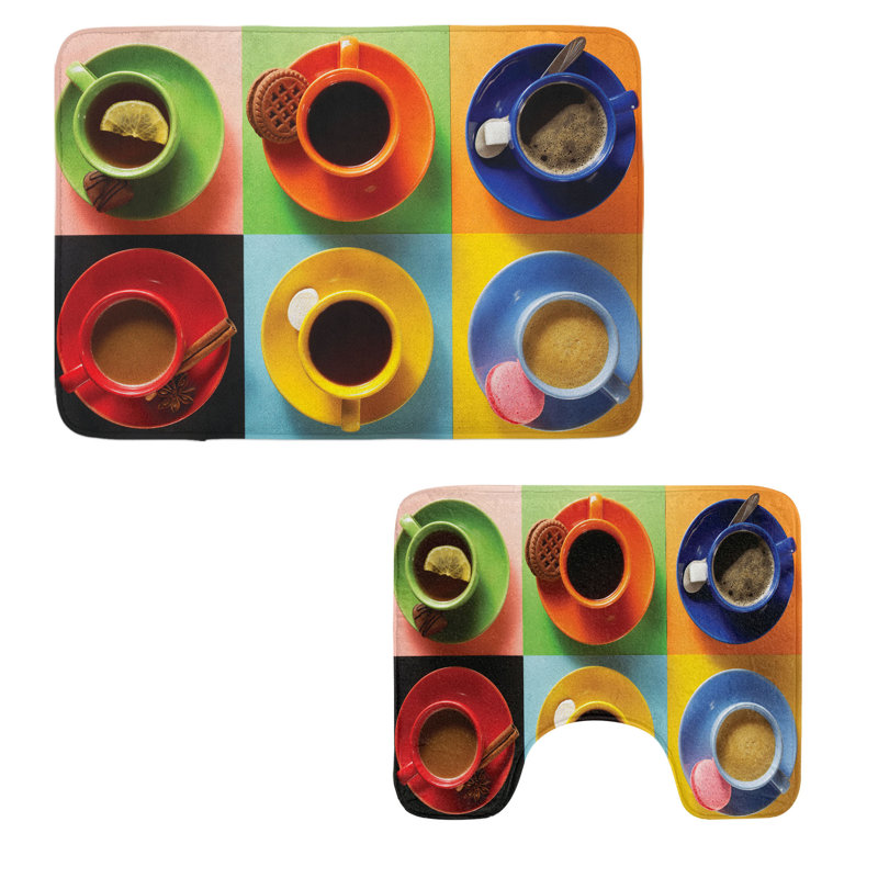  Coffee Bathroom Rug Set 2 Pieces Rectangle & Contour Mats Multicolor