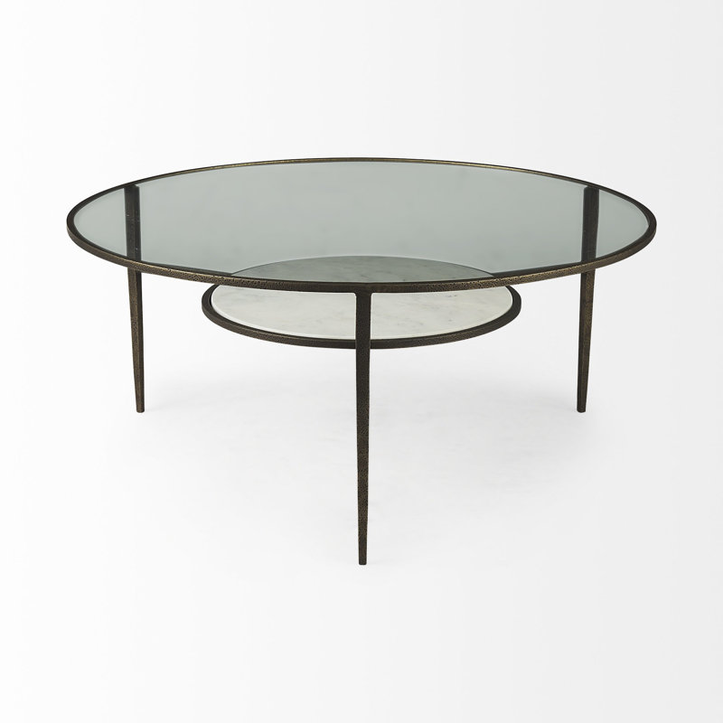  Table basse ronde en métal et verre transparent et bronze 36 po avec plateau moderne en verre