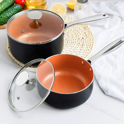 Nonstick 1Qt & 2Qt Copper Sauce Pan Set With Lid Pot With Lid Ceramic Nonstick Saucepan Set Sauce Pots