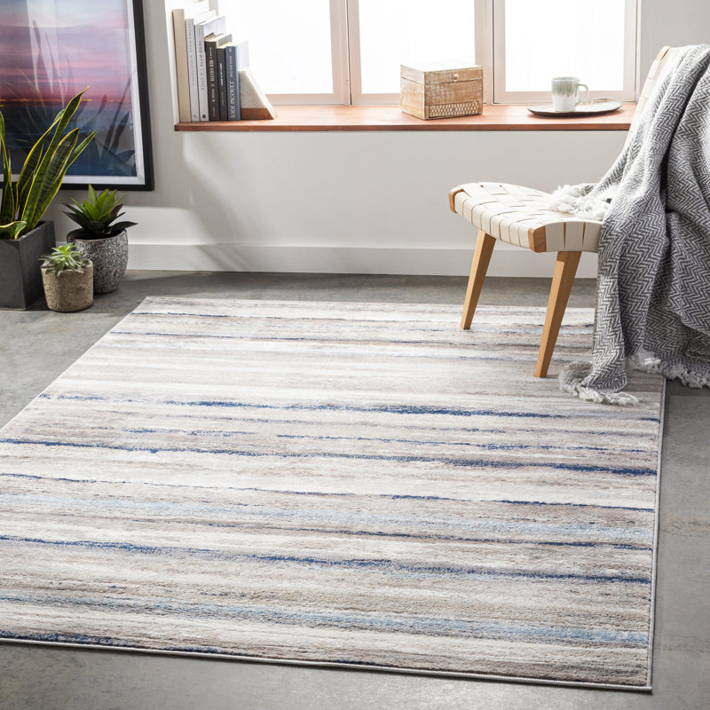 Tapis rayé bleu clair / blanc cassé / gris Banuelos, Rectangle 5 pi 3 po x 7 pi 1 po