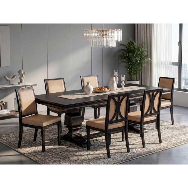 Ensemble de table de salle à manger moderne 7 pièces composé d'une table de cuisine et de 6 chaises de salle à manger en cuir de polyuréthane beige avec dossier haut - fini noir sablé