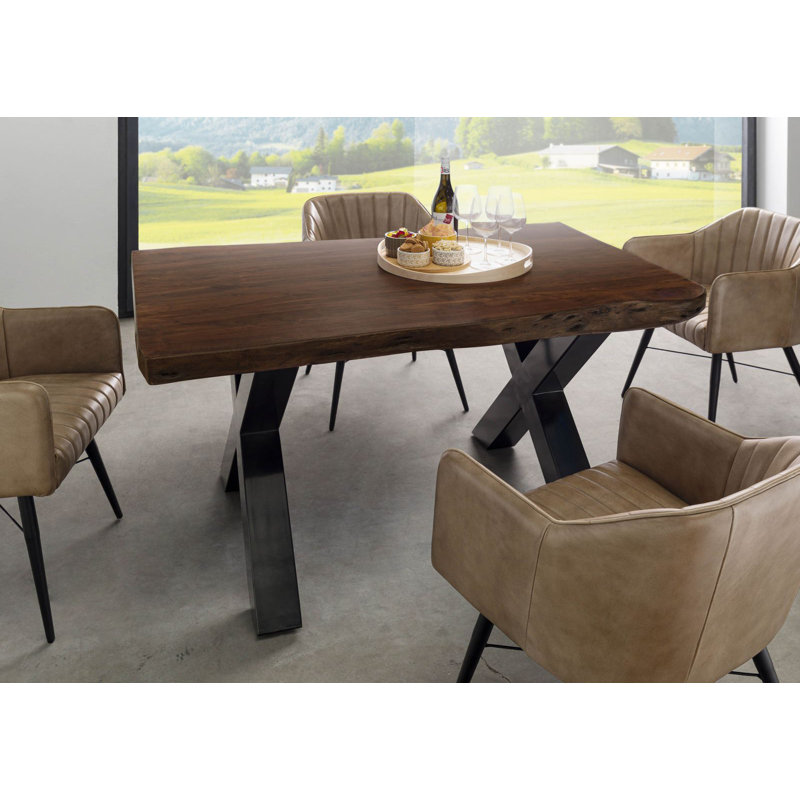 Freeform Acacia Solid Wood Top Metal Base Dining Table, Brown, white and pink, 77cm H x 160cm L x 90cm W, Glossy anthracite
