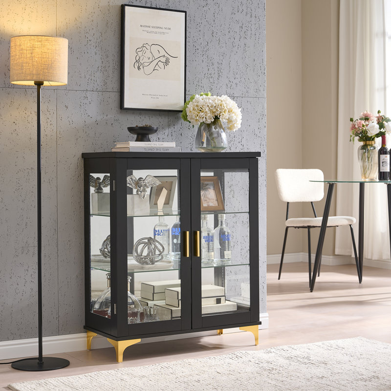 Modern Glass Display Cabinet with Double Doors, Adjustable Shelves & Gold-Tone Hardware, Freestanding Storage Cabinet for Living Room or Dining Room