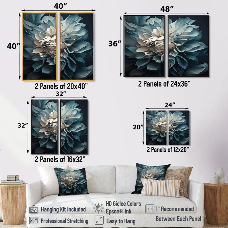 Dahlia bleu et blanc I - décoration murale traditionnelle verte, Noir, H 36 po x l 48 po, Impression encadrée flottante