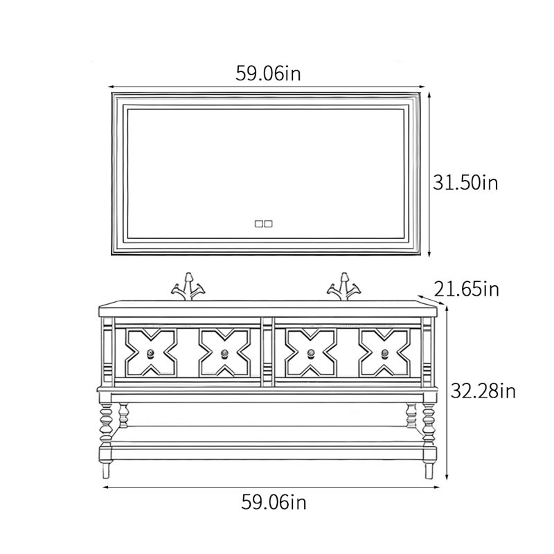 Armoire de salle de bain de style rétro et médiéval, H 32,28 po x l 59,06 po x P 21,65 po