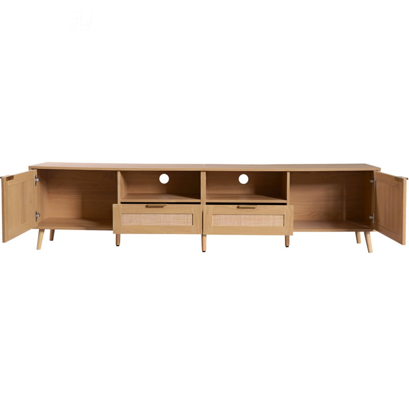 Rattan TV Stand for TVs up to 90'', Modern Farmhouse Media Console, Entertainment Center with Solid Wood Legs, TV Cabinet for Living Room, Bedroom