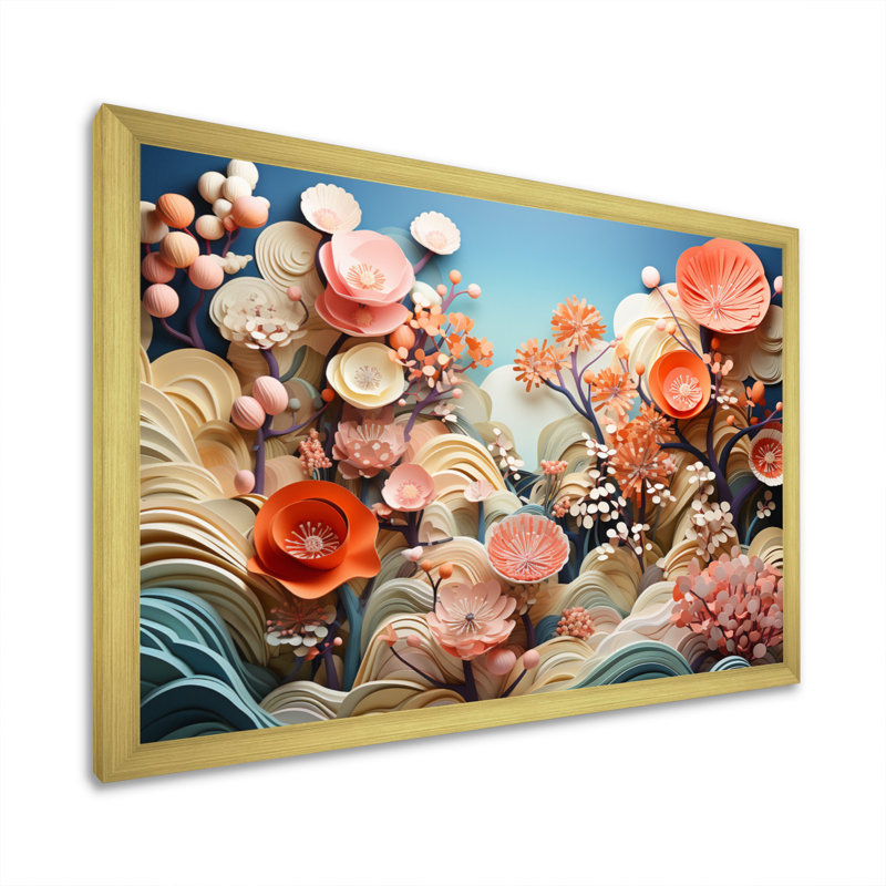 Coral Vibrant Reef, impression géométrique sur toile, H 34 po x l 44 po x P 1,5 po, Encadrement doré