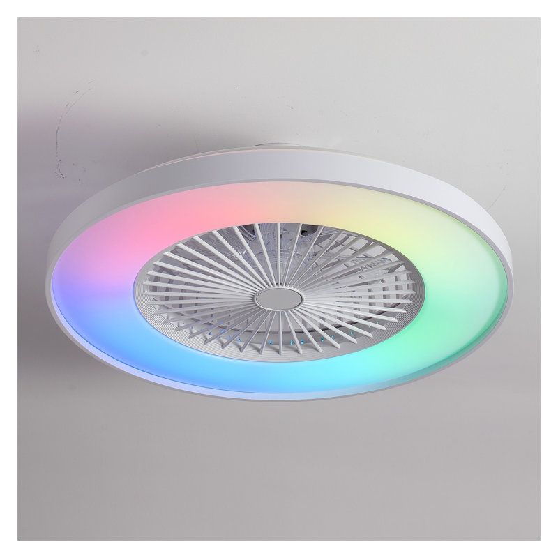 Ventilateur de plafond sans lame à profil bas de 24 po avec éclairage à DEL RVB, application intelligente et commande vocale, moteur à courant continu à 6 vitesses, luminaire à intensité variable pour chambre à coucher, blanc