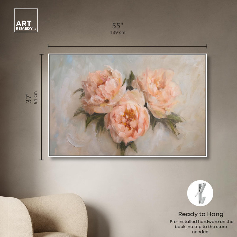 Art floral sur toile rose, H 37 po x l 55 po x P 1,8 po, Cadre flottant blanc