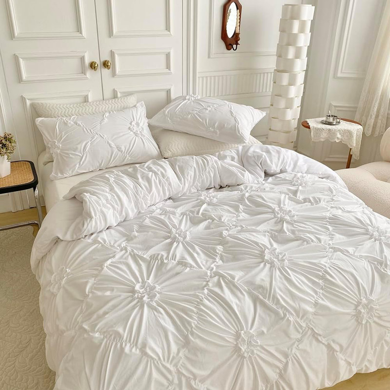 Nayoroom Rustic French Style Textured Flower Pinch Pleated Duvet Cover Set Solid Luxury Bedding Sets, White