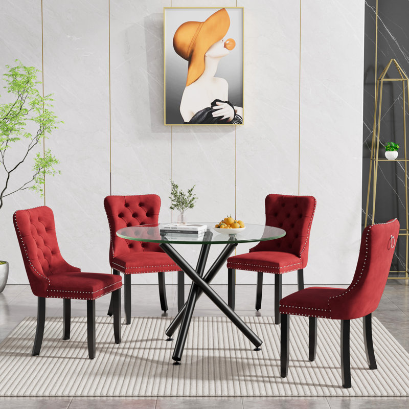 36" Glass Dining Room Table Set for 4, 5-Piece Round Black Dining Table with Metal Legs,  4pcs Velvet Upholstered Chairs with Wood Legs, Glass Kitchen Table and Chairs Set