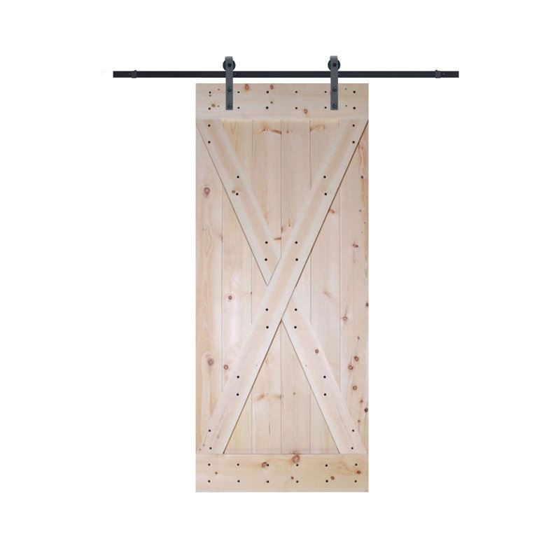 Porte de grange à panneaux en bois sans finition avec kit de quincaillerie d’installation, Noir