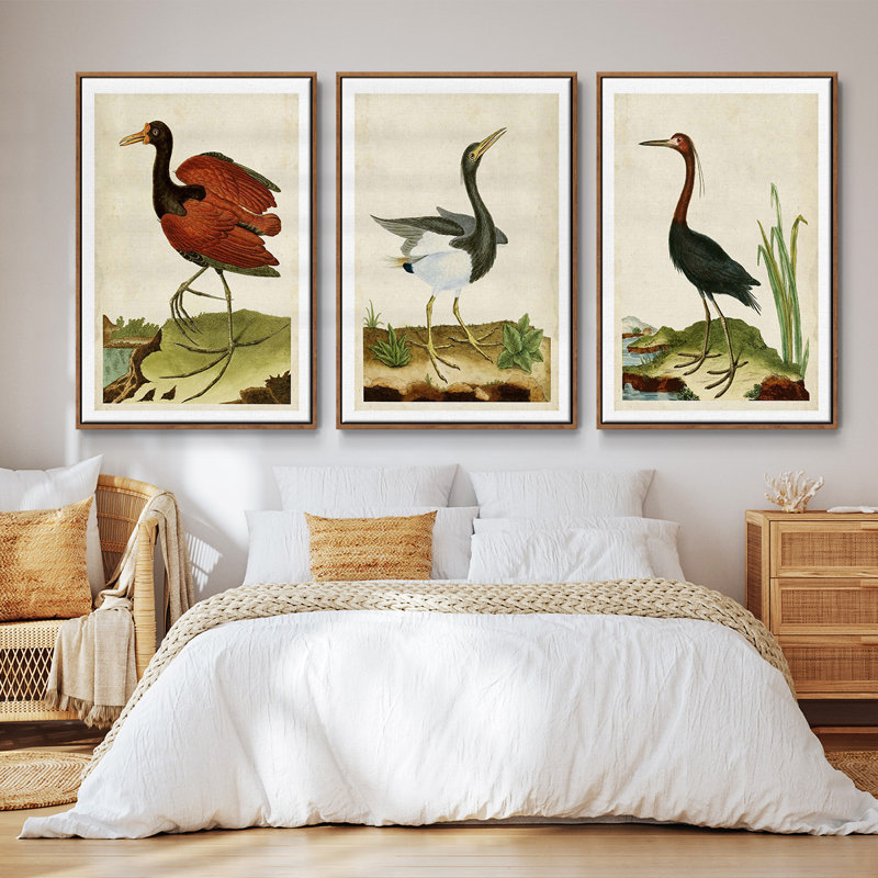 Heron Portrait IV, ensemble de 3 toiles encadrées, Cadre noyer, H 27 po x l 54 po