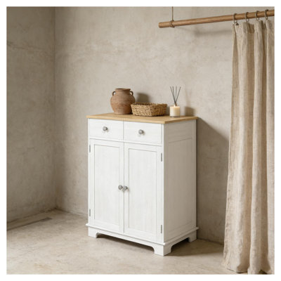 Natural and White Engineered Wood Living Room Cabinet with Adjustable Shelves