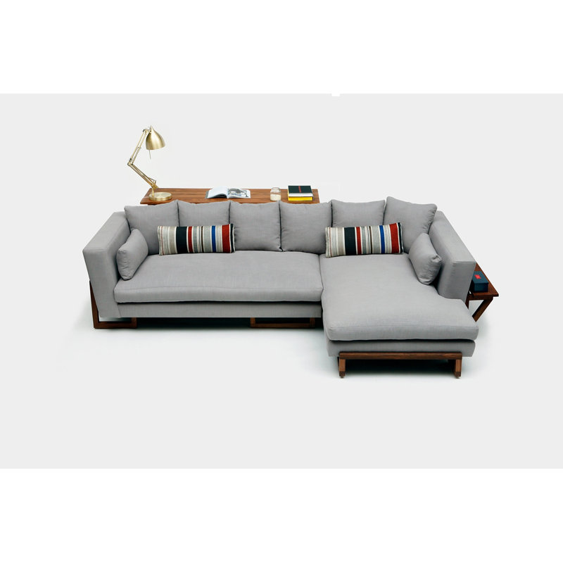 LRG Upholstered L-Shaped Sectional Left Hand Facing, Left, Right and Back Side Trays, Solid Walnut, Fog