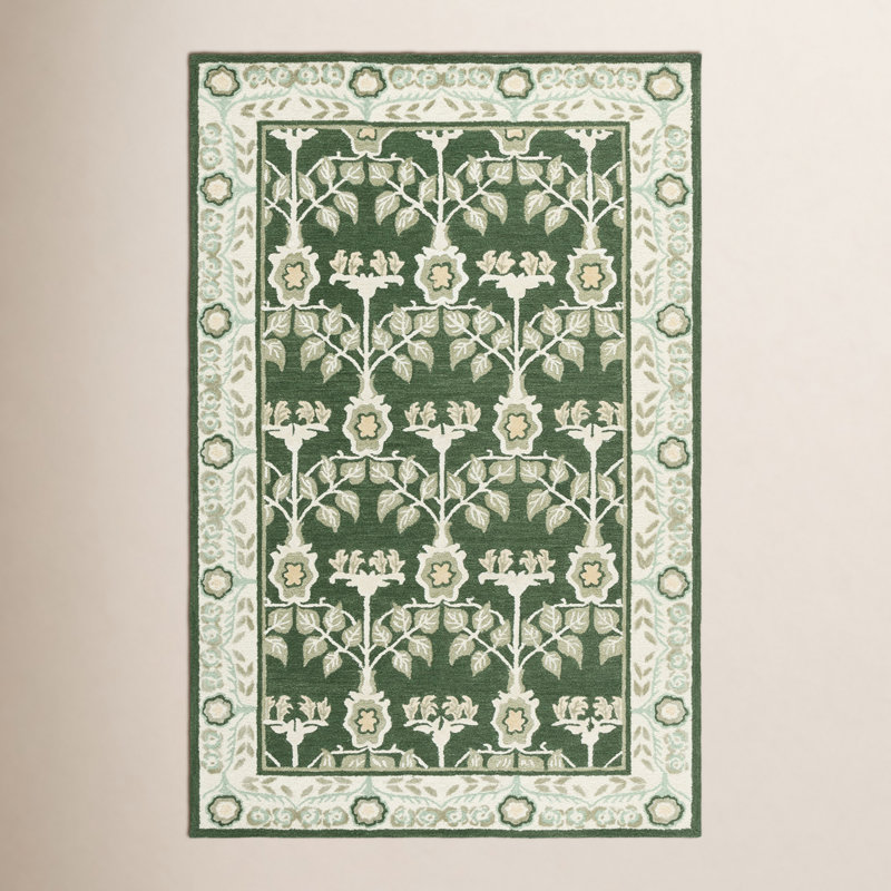 Sybil Hand Tufted Wool/Cotton/Viscose Floral Rug in Green/Ivory, Rectangle 3' x 5'