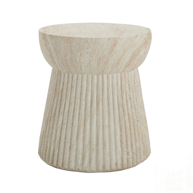 Durable Outdoor Travertine Concrete Side Table with Unique Textures and Water-Resistant Surface for Elegant Patio Use