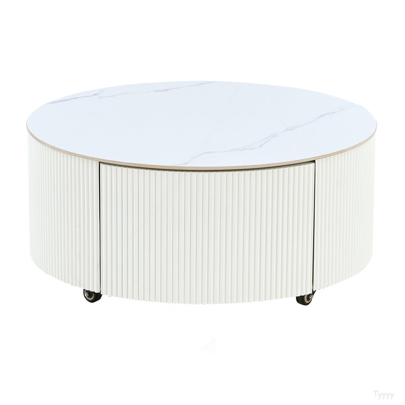 Table basse ronde moderne mobile avec roulettes, 2 tiroirs, plateau en pierre frittée à motif marbré, 29,5 po, Blanc