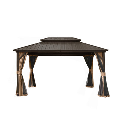 Pavillon de jardin à toit rigide 10 pi x 12 pi, pavillon en métal et aluminium avec double toit en acier galvanisé, rideau et filet, pavillon de pavillon permanent pour les fêtes, les mariages, les repas en plein air, brun