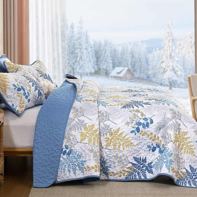 Ensemble de courtepointe réversible en microfibre 3 pièces Botanical Leaf, Courtepointe pour très grand lit et 2 taies d'ore
