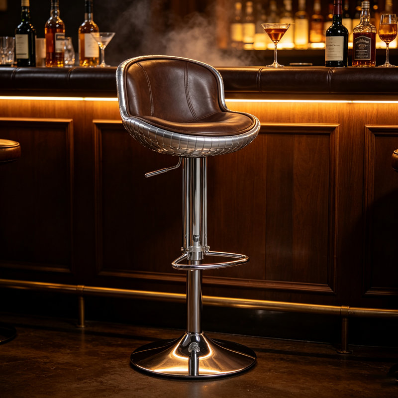 Tabouret de bar pivotant et réglable en cuir brun de 84 cm (33 po), style rétro-industriel, coque en aluminium riveté.