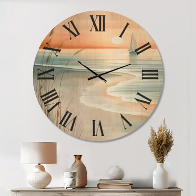 Horloge murale ronde en bois Sunset Sailboat Shore I - Plage