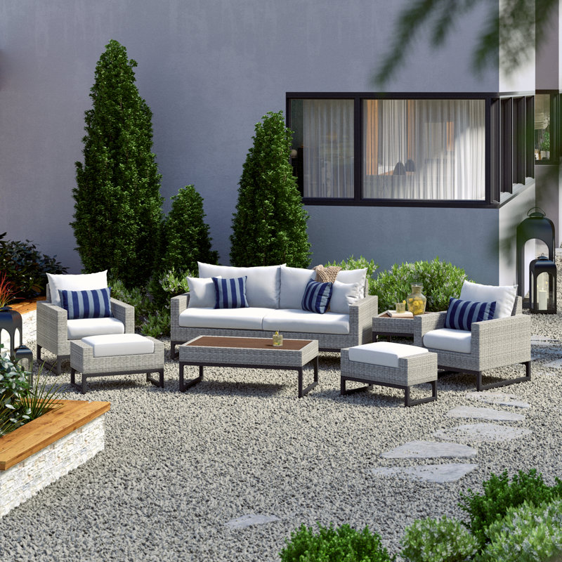 Sameko Amali 7 Piece Rattan Sofa Seating Group With Sunbrella Cushion Covers, Charcoal Grey Sunbrella®, Gray