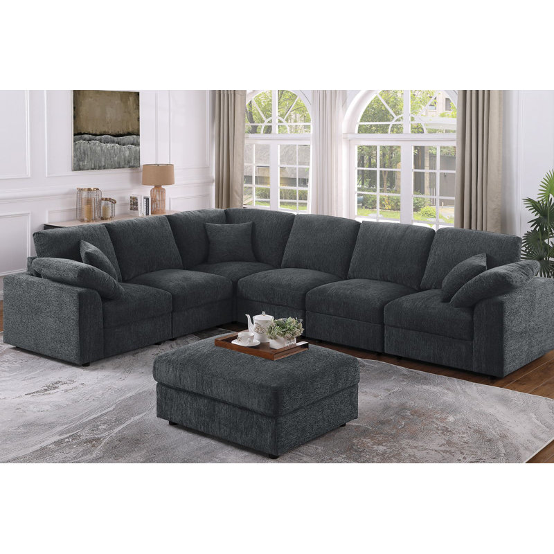 Canapé modulaire 7 pièces d'angle rembourré, Chenille grise foncée