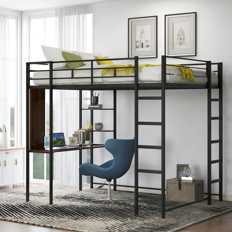 Lit mezzanine en métal avec bureau et 2 tablettes, noir - lit double, sécuritaire, lit peu encombrant, noir, tablette stable, solution
