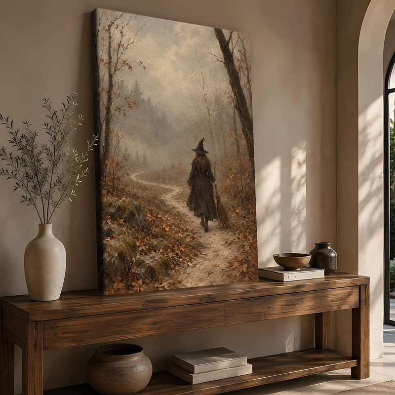 Witch with Broom on a Misty Autumn Path Wall Art (Framed,08×12 inch)