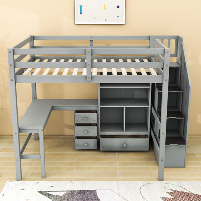 Full Loft Bed With Drawers, Desk, Storage Stairs And Guardrails