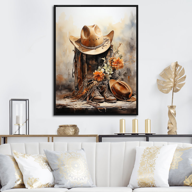 Yerly minimalisme, chapeau de cowboy et botte II - Cowboys, art mural, H 44 po x l 34 po x P 1,5 po, Cadre flottant noir