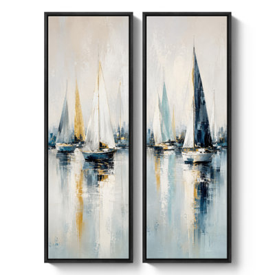 Blue Gold Sailboats on Calm Water Coastal Nautical Decor – Set of 2 Framed Wall Art Print on Canvas 60"x20"x2