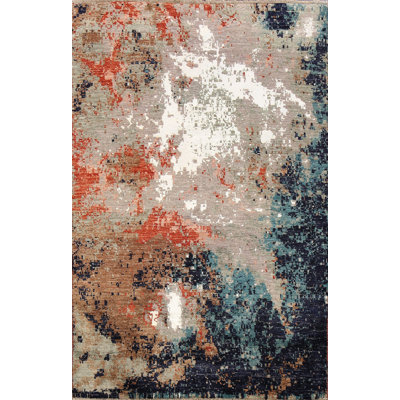 Tapis unique bleu / ivoire / corail / brun noué à la main 4 pi 2 po x 6 pi One-of-a-Kind