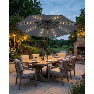10FT Patio Umbrella with Solar Lights, 8 Ribs Market Table Umbrella with Tilt Crank & 40 LEDs for Outdoor Pool Deck Backyard Gray