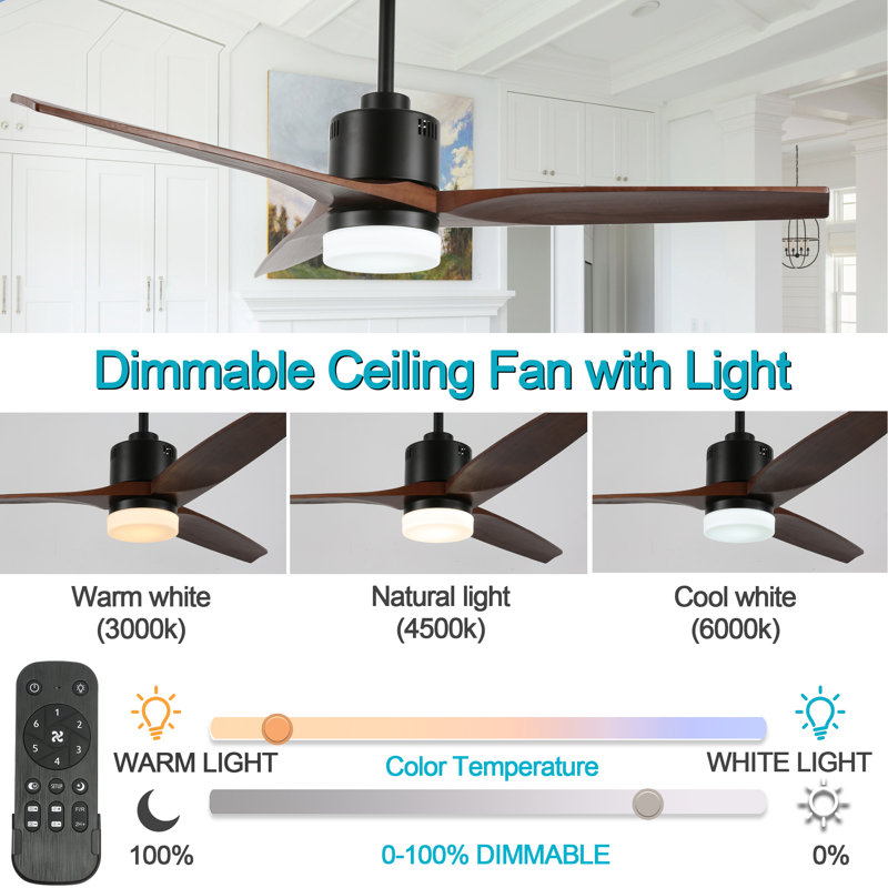 Ventilateur de plafond à DEL 52 pouces avec 3 pales en bois et télécommande Bertrande