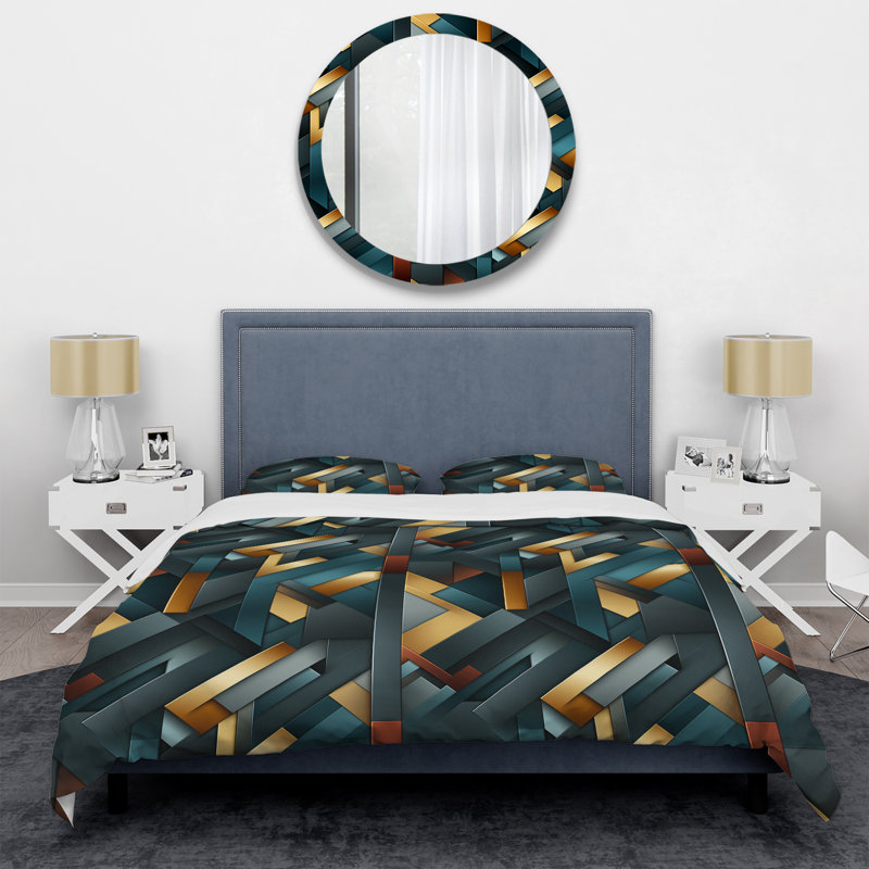 Ensemble de housse de couette géométrique bleu sarcelle Ekdahl, Housse de couette simple + 1 taie décorative stan
