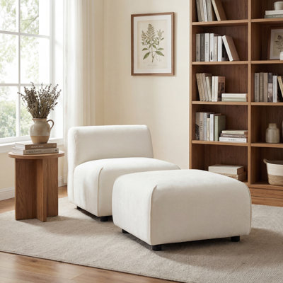 Sora Japandi Minimalist Fabric Accent Chair and Ottoman Set with Soft Curved Silhouette