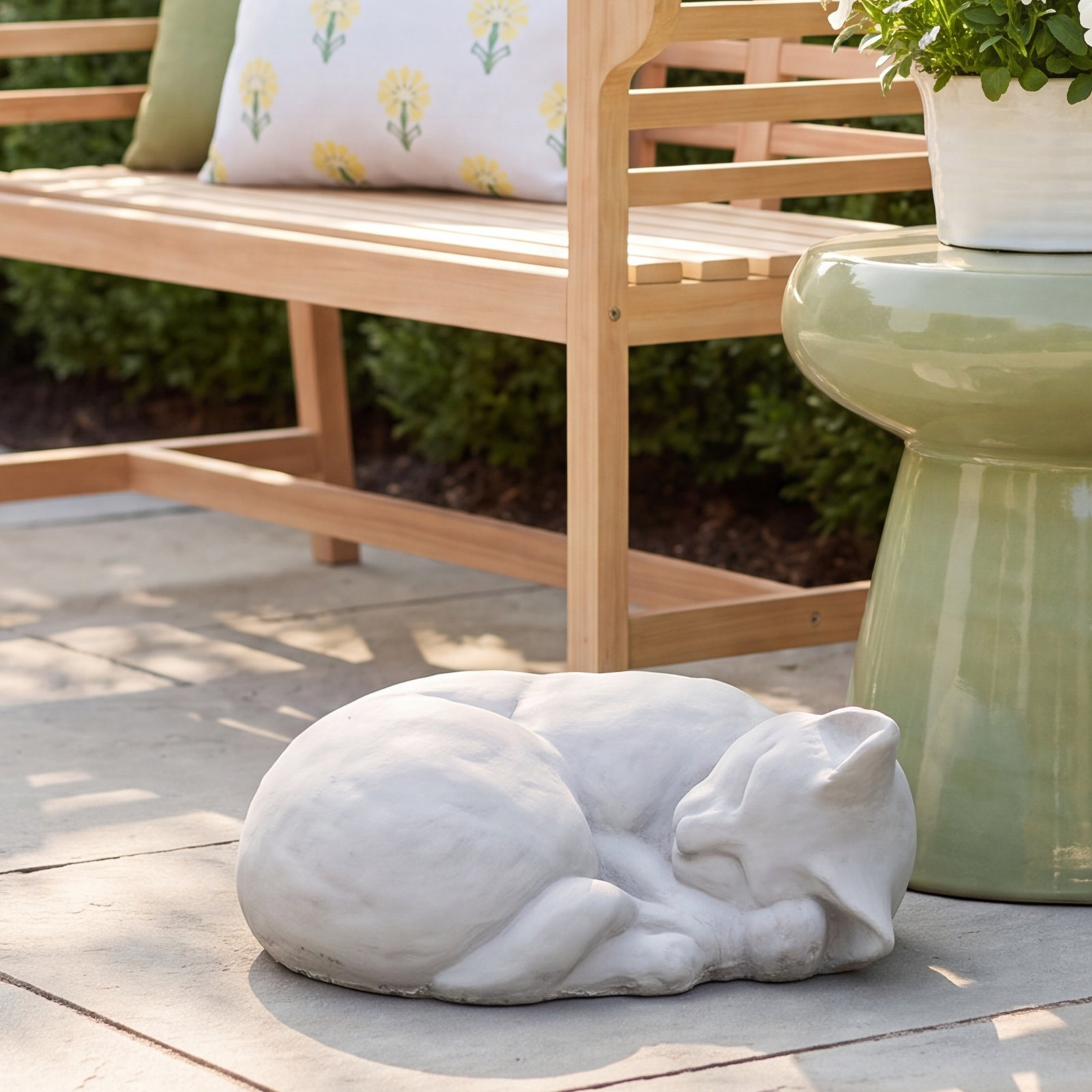 Classic Sleeping Cat Garden Statue, Antique Gray